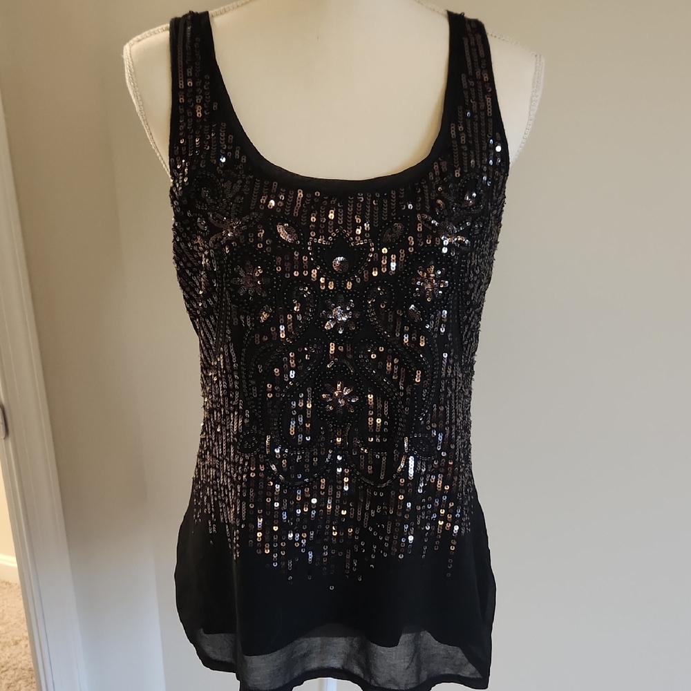 Express Sequin Embellished Black Tank Top Medium